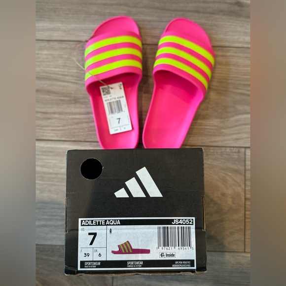 Adidas Neon Pink Slides with Lime Stripes - Picture 1 of 2